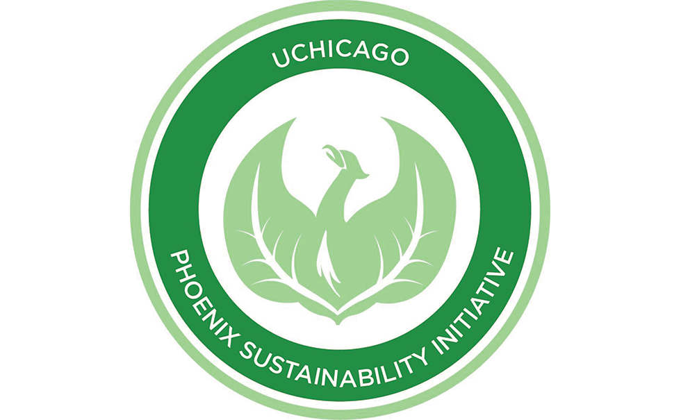 Phoenix Sustainability Initiative logo in green with phoenix graphic and leaves in place of wings