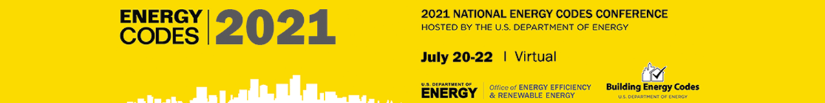 Yellow banner with dates and name of 2021 National Energy Code conference