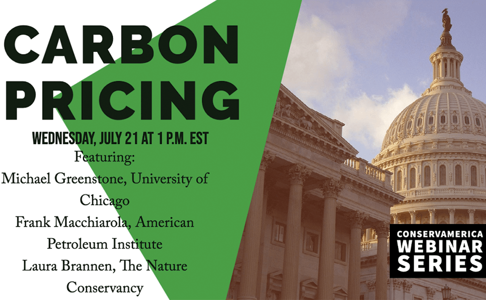 Advertisement for Carbon Pricing webinar from ConservAmerica that shows speakers and date